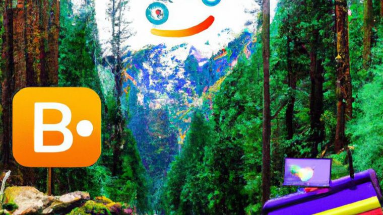 Crea una imagen de un paisaje montañoso con un bosque frondoso y un río serpenteante. En el centro del paisaje, coloca un chatbot inteligente llamado BI Bot, rodeado de gráficos y datos flotando en el aire. Haz que BI Bot esté interactuando con un empresario que está tomando notas mientras escucha atentamente las valiosas recomendaciones del chatbot.