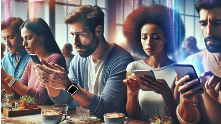 Un grupo diverso de consumidores en un café, usando dispositivos móviles para buscar información, mientras que un asistente virtual proyecta anuncios personalizados en el aire, representando el auge del marketing digital.