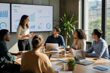 Profesionales discuten estrategias digitales en una oficina moderna, con pantallas que muestran gráficos de crecimiento.