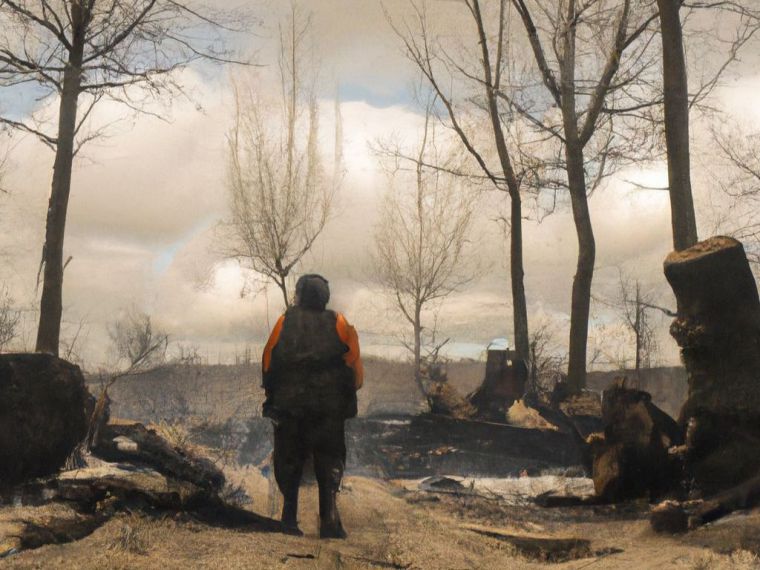 Un soldado ruso se encuentra en medio de la devastación causada por el ataque, con los restos de un tanque a su lado. El cielo está cubierto de nubes grises y el frío viento sopla entre los árboles desnudos.