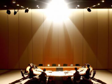 Una luz brillante ilumina una sala de reuniones en un edificio moderno. Los líderes de los países BRICS se reúnen para discutir la multipolaridad mundial.