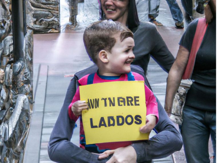 En una calle estrecha del centro de Andorra, los ciudadanos marchan con pancartas y carteles clamando por la libertad. Un niño lleva un cartel con las palabras de Thomas Jefferson Randolph escritas en él, mientras su madre lo abraza con orgullo.