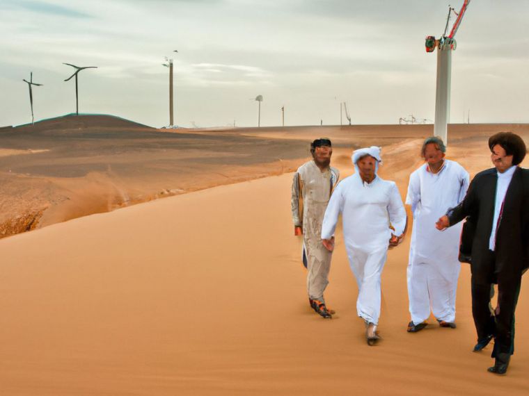 En un paisaje desértico, Amin Nasser de Saudi Aramco camina por la arena con un grupo de expertos en energía. El viento sopla suavemente mientras él explica cómo la demanda global está aumentando y cómo necesitan invertir para prepararse para el futuro.