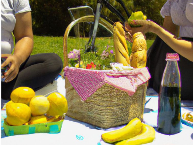 Una familia de cuatro personas se reúne en el parque para un picnic vegetariano. El sol brilla y hay una suave brisa. En la canasta, hay una variedad de ensaladas, frutas y panes.