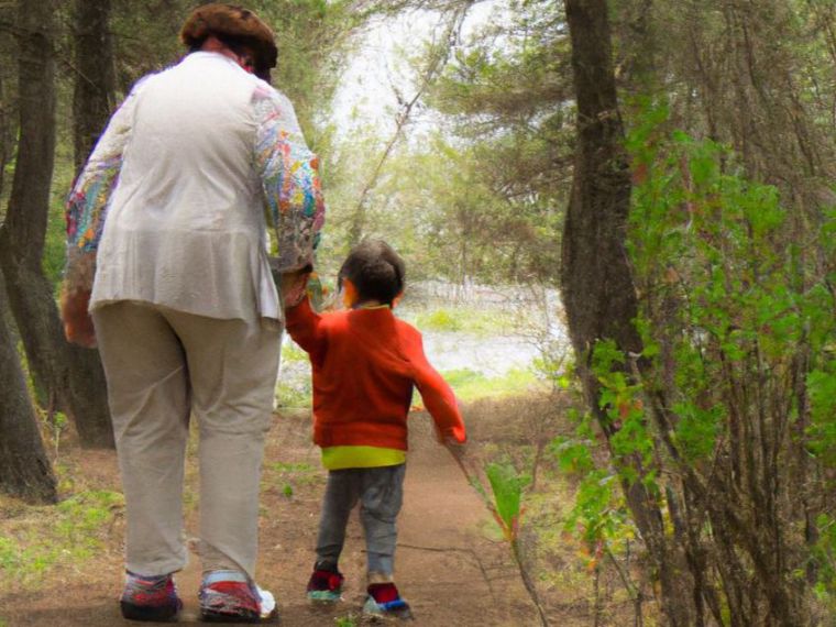 Una abuela y su nieto caminan por un bosque. El aire está lleno de los sonidos de los pájaros cantando y el olor a flores silvestres. La abuela acaricia el cabello del niño mientras le explica sobre la importancia de respetar la naturaleza. Esta imagen nos recuerda que el amor incondicional es un regalo precioso.