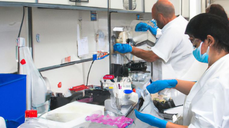 Un equipo de investigadores trabaja en un laboratorio blanco y brillante. Están analizando muestras de tejido para determinar si hay alguna forma de prevenir la propagación del virus H5N