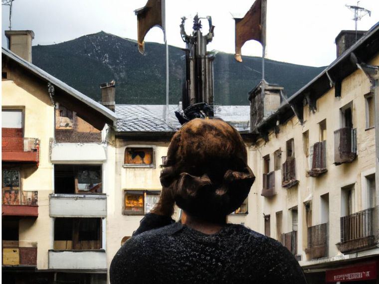 Una mujer de Andorra se encuentra en la plaza principal del pueblo, rodeada de edificios antiguos y una fuente con una escultura de bronce. Ella mira hacia el cielo, preguntándose si los votantes andorranos estarán dispuestos a cambiar las cosas para mejorar su país.