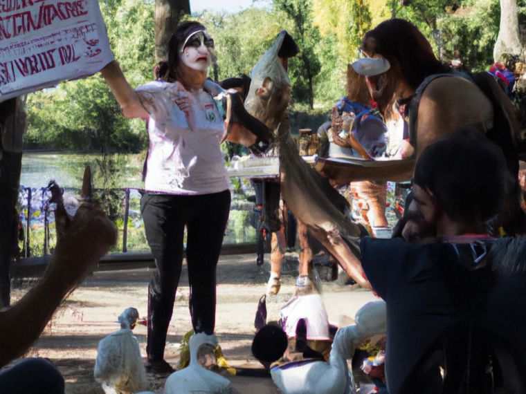 Un grupo de activistas animalistas se reúne en un parque cercano para protestar contra la nueva legislación. Están rodeados por árboles frondosos y un lago artificial con patos y cisnes nadando tranquilamente. Se preguntan si alguna vez podrán detener esta locura antes de que sea demasiado tarde.