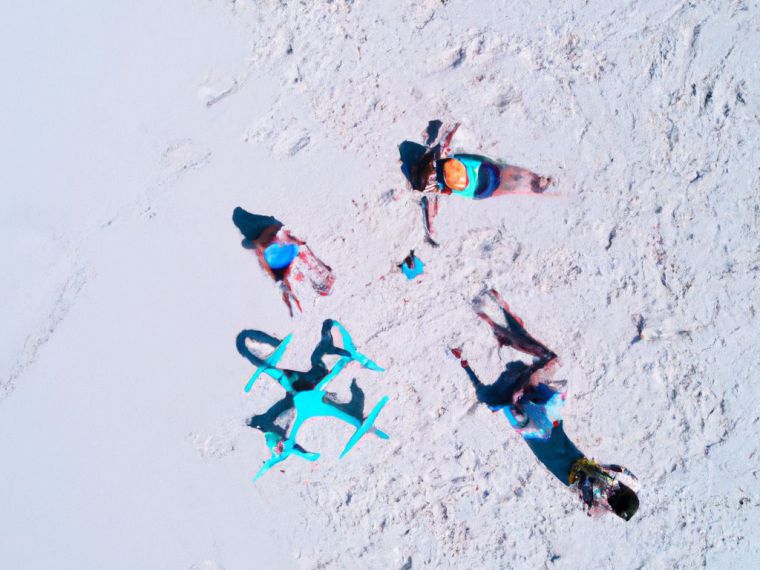 En una playa de arena blanca, DALL•E crea una imagen de un grupo de amigos disfrutando del sol y el mar, mientras que en el fondo se ve un dron volando sobre ellos. ¿Podría la inteligencia artificial controlar estos drones y espiar a las personas en la playa?