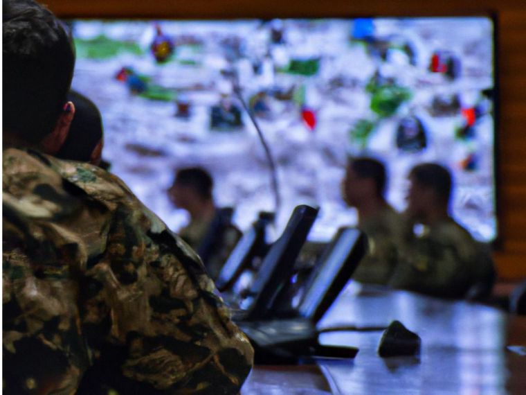 Militares alrededor de una mesa de juntas y pantallas digitales al fondo