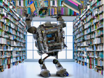 DALL•E, crea una imagen de una biblioteca española con estanterías llenas de libros antiguos y polvorientos, donde un robot gigante con la forma del logo de Google está destruyendo todo a su paso.