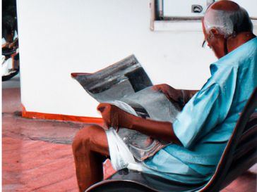 DALL•E crea una imagen de un hombre sentado en una silla en una entidad bancaria,  leyendo un periódico.