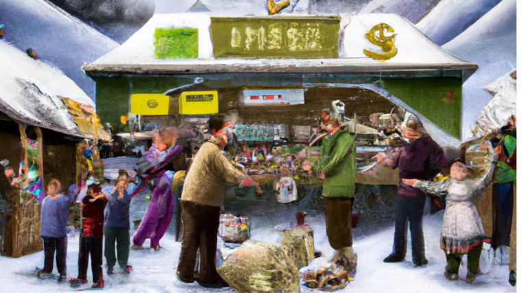 En las montañas nevadas de Rusia, DALL•E dibuja una imagen de un mercado local donde los comerciantes intercambian productos utilizando la moneda digital del banco central chino. Los habitantes locales están emocionados por la oportunidad de comerciar sin depender del dólar estadounidense.
