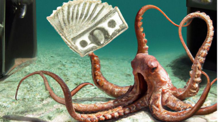 En el fondo del océano, un pulpo inteligente sostiene en sus tentáculos una variedad de monedas y billetes mientras contempla la posibilidad de que los países comiencen a comerciar petróleo sin usar el dólar estadounidense. ¿Qué consecuencias tendría esto para Estados Unidos y su posición privilegiada en las finanzas globales?