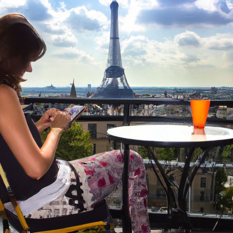 Una mujer escribiendo en facebook en un telefono movil sentada en una terraza