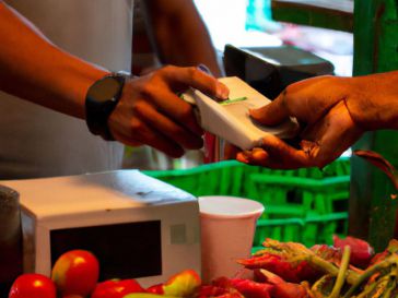 en un mercado varias personas enseñan sus tarjetas digitales para pagar la mercancía que se expone en un mostrador repleto de alimentos