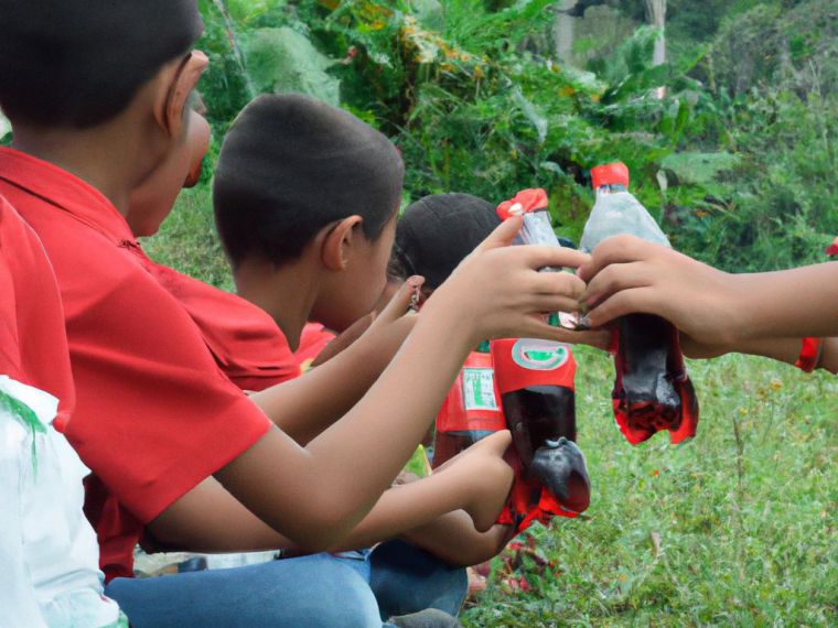 En una plantación de coca varios niños beben botellas de coca-cola