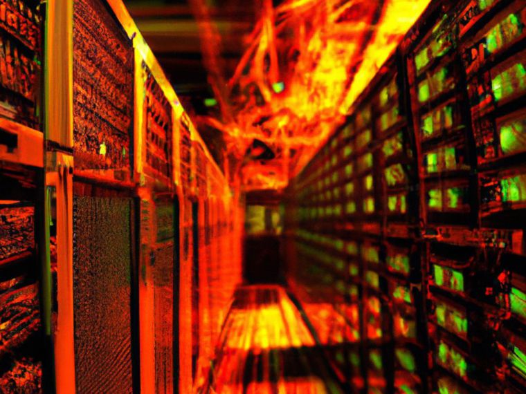 En una sala oscurra llena de servidors de internet crea una explosion en un centro de datos de miles de ordenadores
