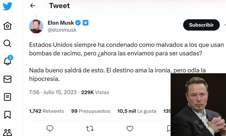 Elon Musk llama hipócritas a las autoridades estadounidenses por el envío de armas de racimo