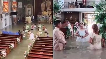 Pareja se casa en una iglesia inundada hasta la cintura