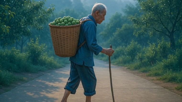 Anciano chino conmueve al recolectar ciruelas para su hijo a los 82 años