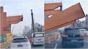 Grúa se desploma y causa daños a vehículos en plena calle