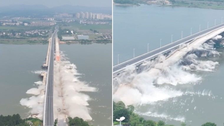 Derrumbe controlado de un viejo puente en China cautiva con sus imágenes